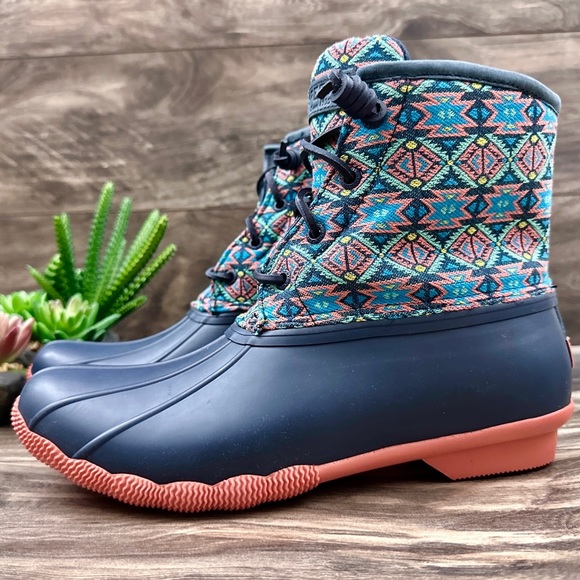 NIB Sperry Saltwater Serape Textile Geometric Navy Waterproof Duck Rain Boots - Picture 5 of 13